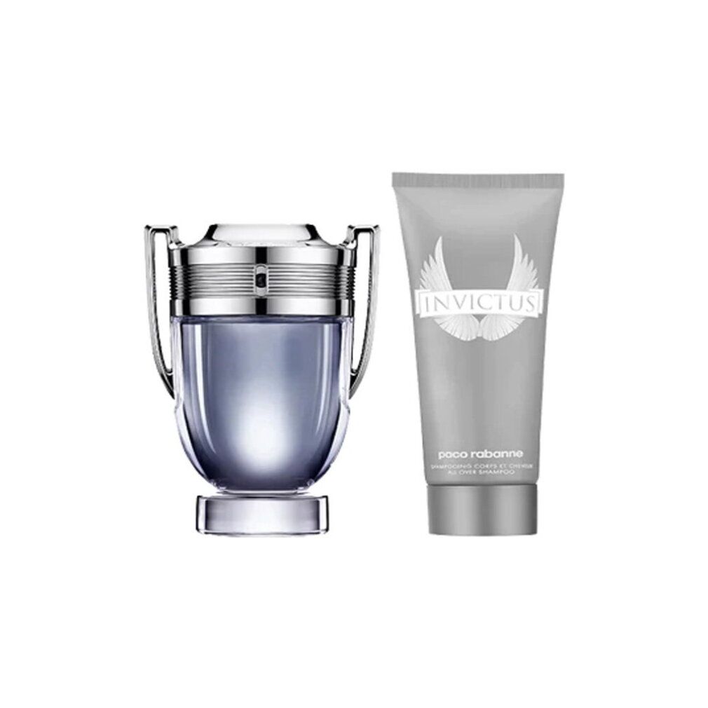 Paco Rabanne Invictus geschenkset met douchegel. Parfumfles en douchegel tube.