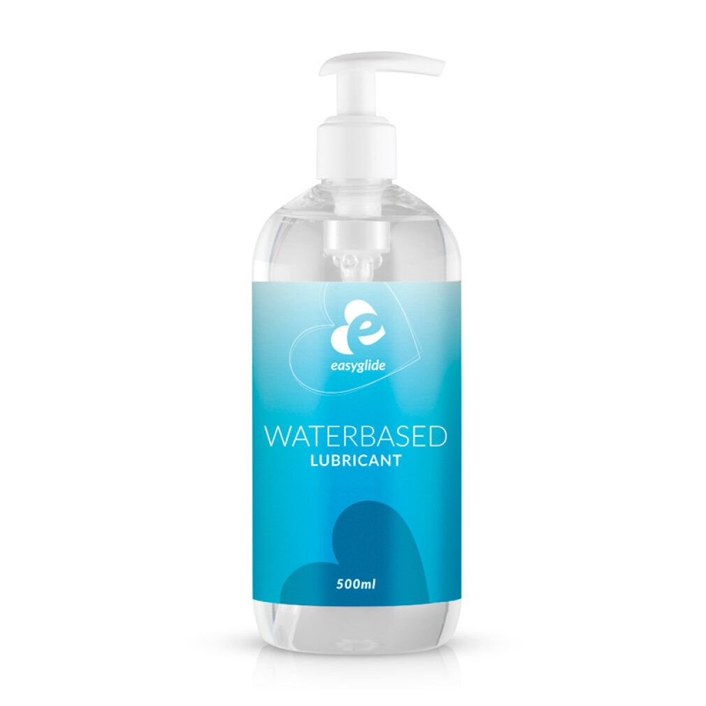 Transparante fles met pomp. Blauw etiket met "easyglide", "WATERBASED LUBRICANT" en 500ml.