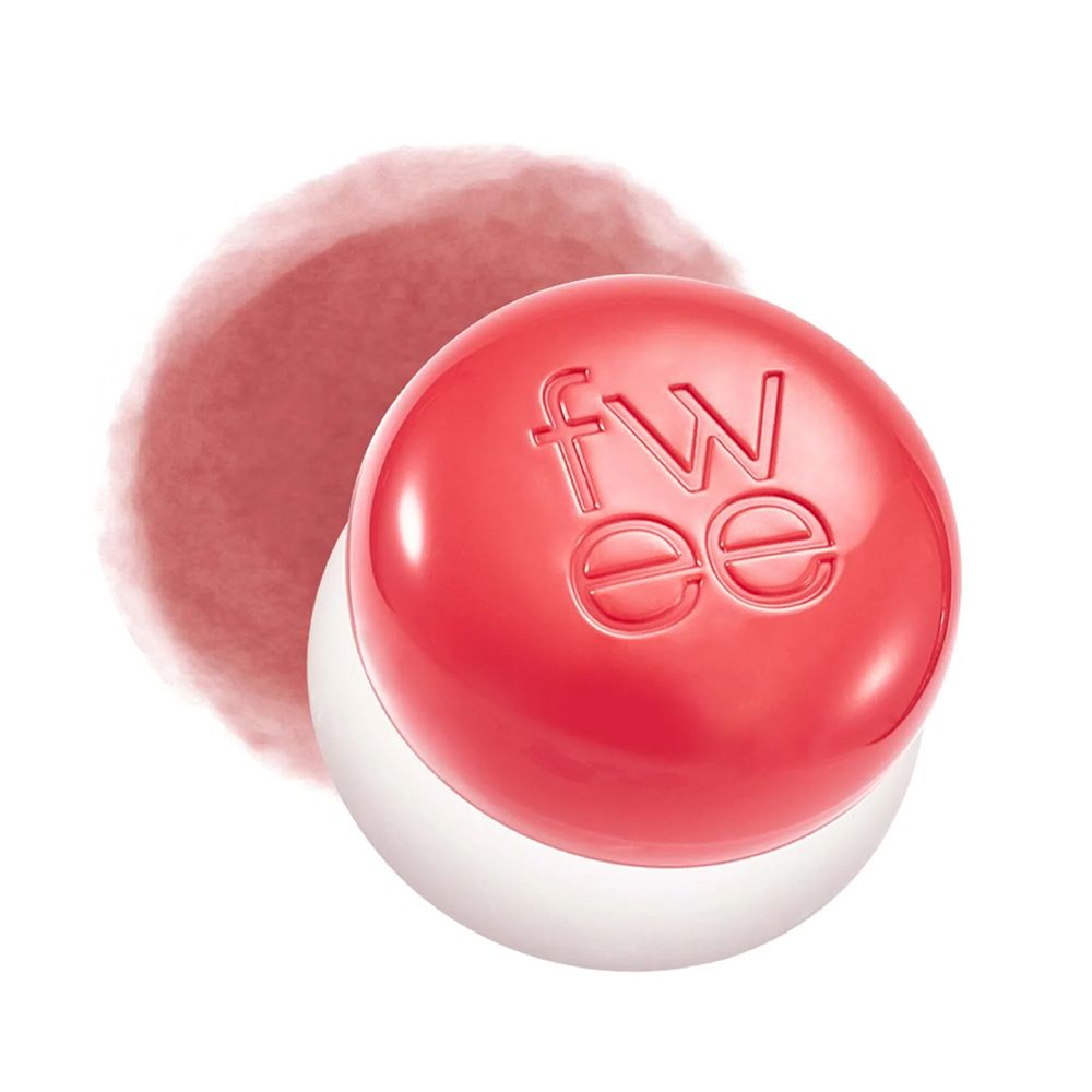 Pot de poudre rouge et blanc avec le logo 'fwee' et un échantillon de couleur.