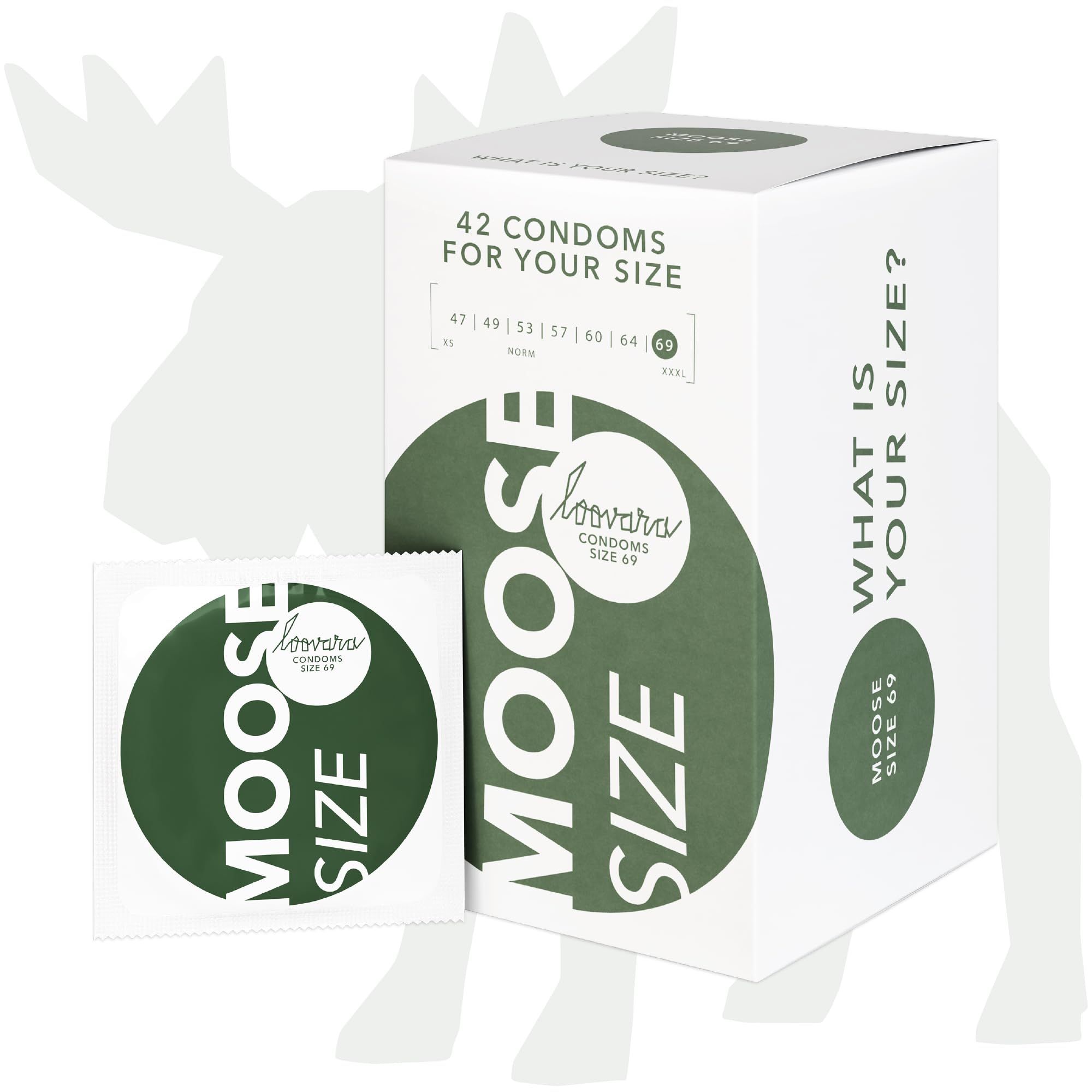 Préservatif Loovara Moose XXXL, taille 69. Boîte de 42 et emballage individuel.