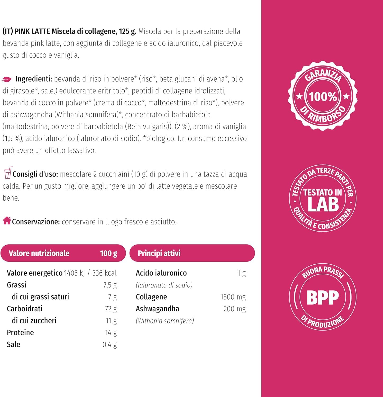 Label met ingrediënten en voedingswaarden. 100% garantie. Laboratorium getest. Goede productiepraktijken.