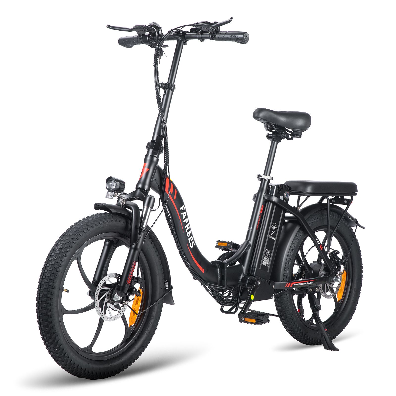 Zwarte opvouwbare e-bike FAFREES F20. Zichtbaar: zadel, bagagedrager, spatborden, schijfremmen, verlichting. Rode details.