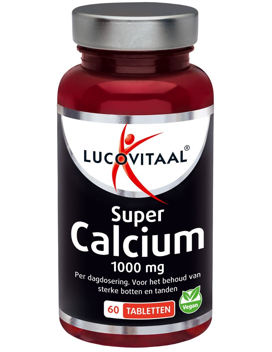 Flacon rouge avec étiquette blanche. Inscription : Super Calcium, 1000 mg, 60 comprimés. Label végan.