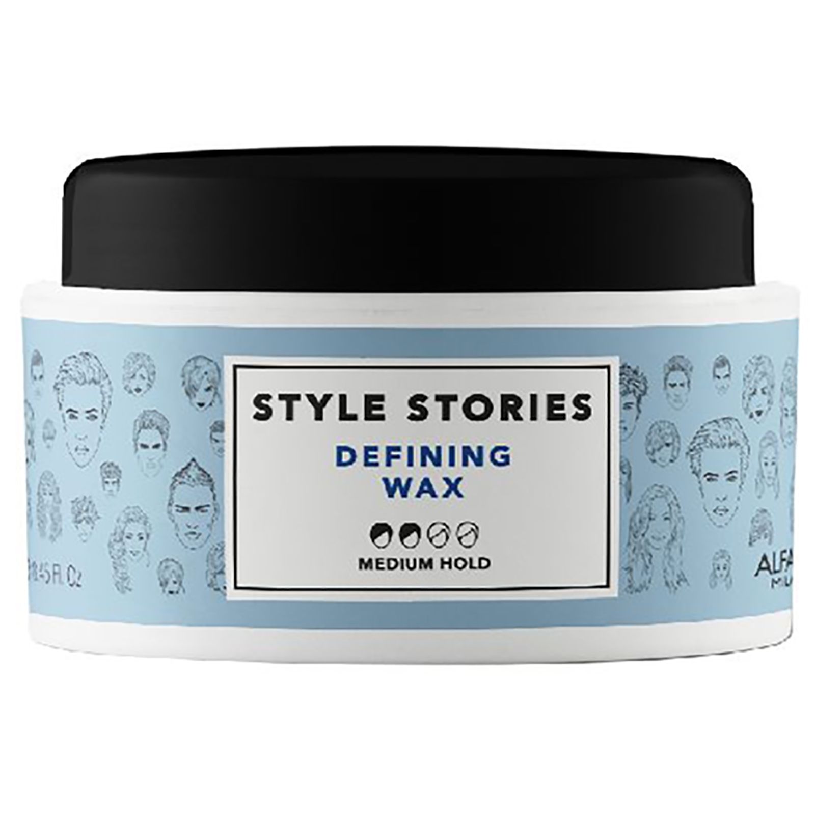 Style Stories Defining Wax stylingwax met medium hold in een blauwe pot met gezichtstekeningen.