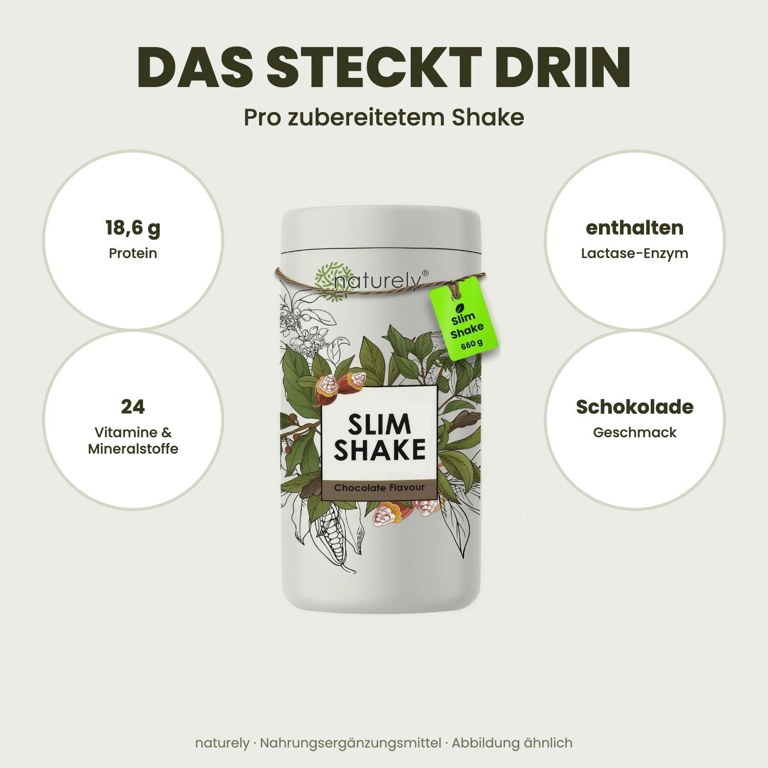 Boîte Slim Shake Chocolat avec 18,6g de protéines, 24 vitamines et minéraux, enzyme lactase.
