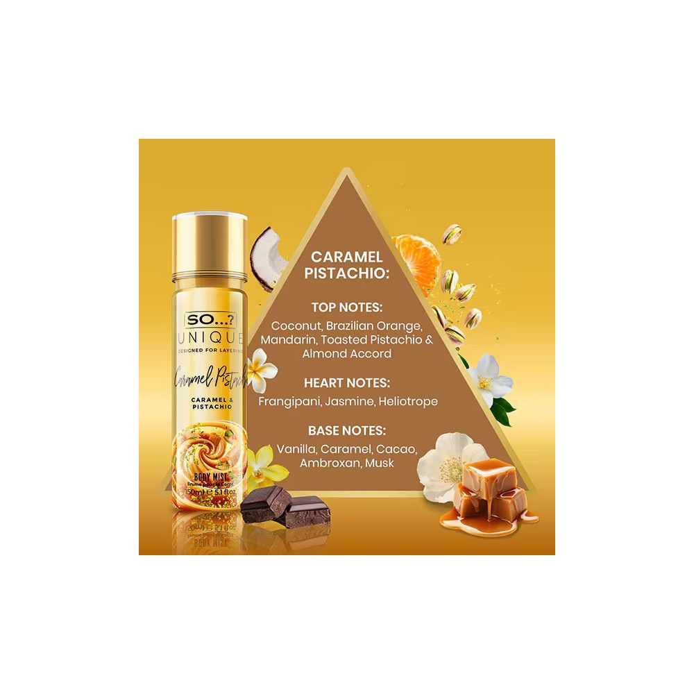 Lichaamsmistfles met gouden dop. Opschrift: So Unique, Caramel & Pistachio. Ingrediënten en noten in driehoekvorm.
