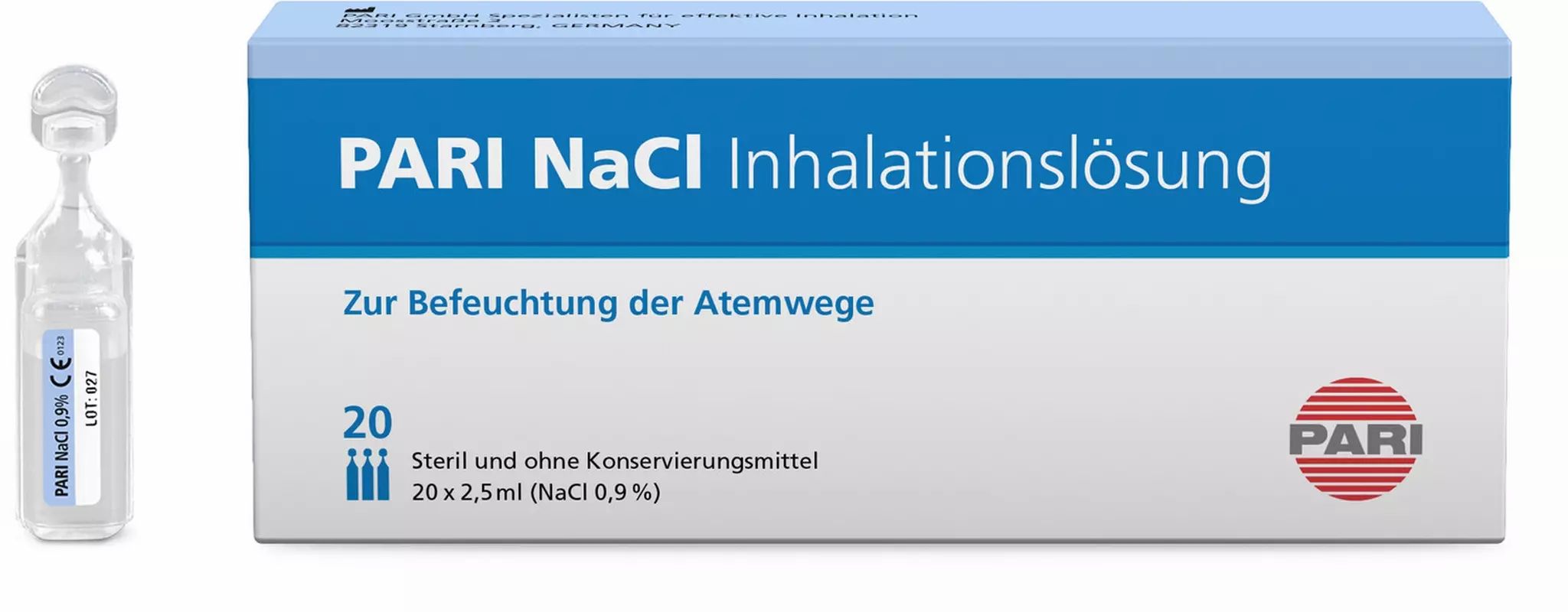 PARI NaCl Inhalatieoplossing: 20 steriele ampullen van 2,5 ml, zonder conserveermiddelen.