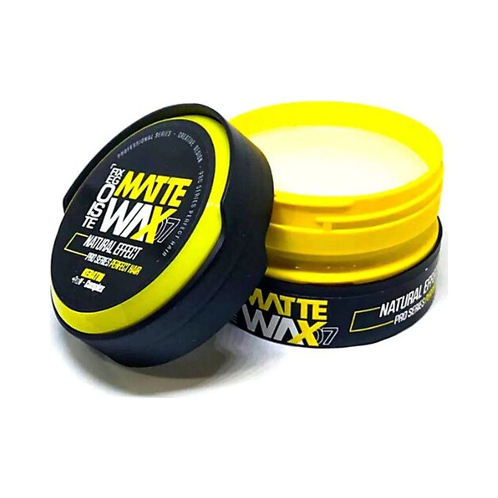 Haarwax pot, geel en zwart. Deksel open, product zichtbaar. Opschrift: Matte Wax, Natural Effect.