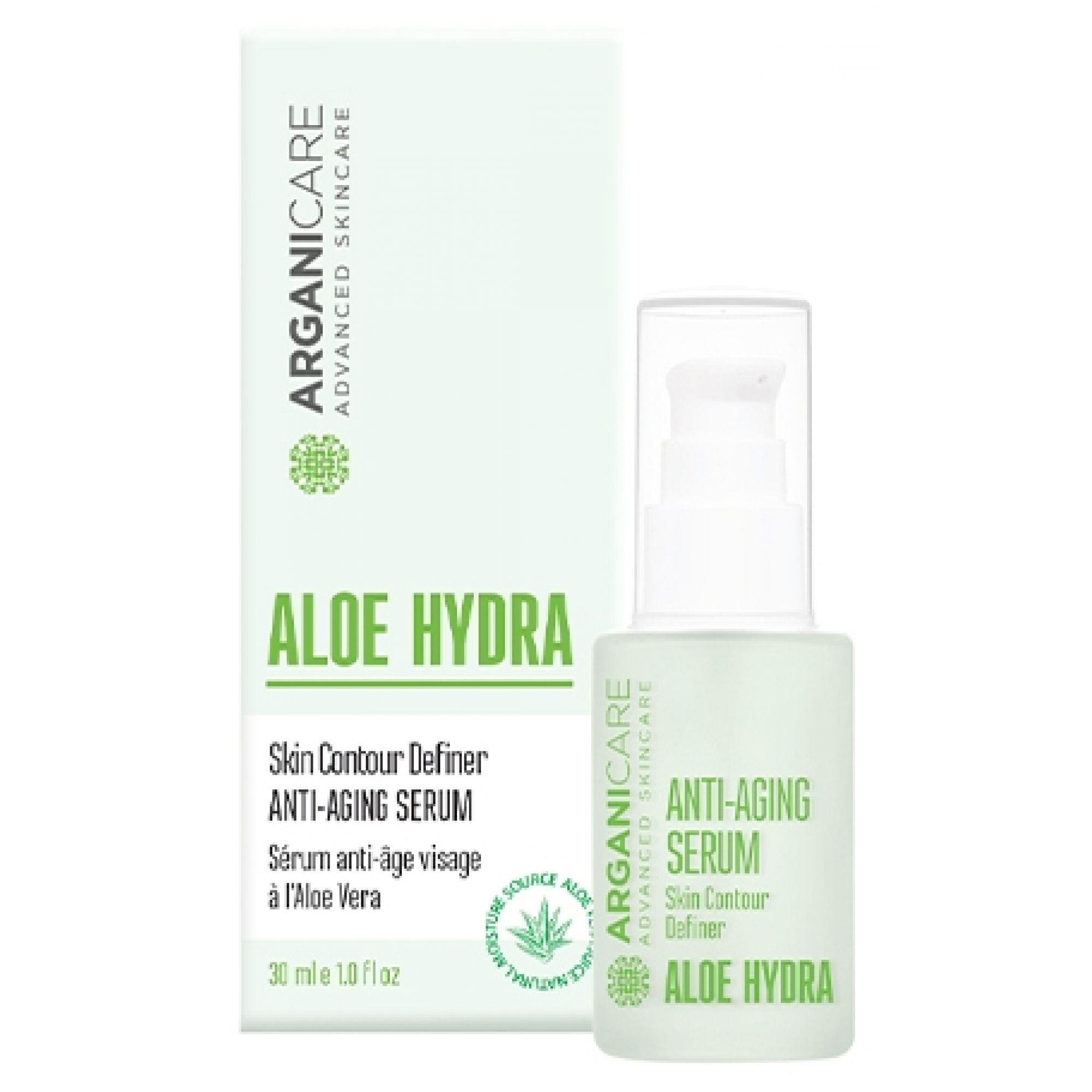 Sérum anti-âge Arganicare Aloe Hydra dans une bouteille légère avec pompe et emballage cartonné.