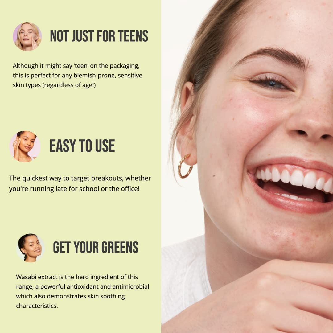 Femme avec imperfections cutanées. Texte : Not just for teens, Easy to use, Get your greens. Informations produit.