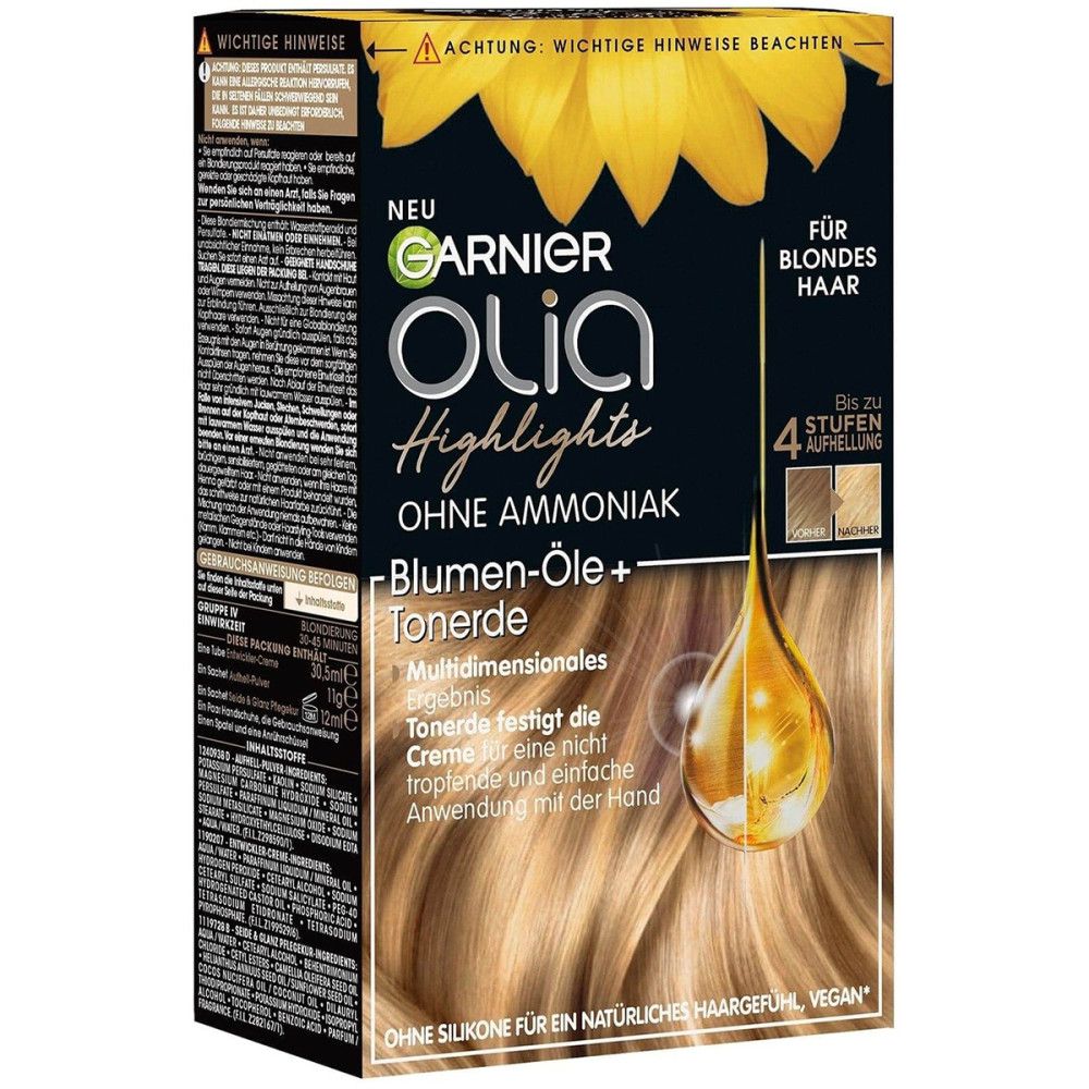 Garnier Olia Highlights verpakking. Voor blond haar, zonder ammoniak. Zonnebloemoliën. Tekst op de verpakking. Productafbeelding met haarstreng.