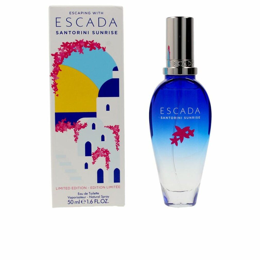 Escada Santorini Sunrise Eau de Toilette fles en verpakking. Blauw-witte fles, verpakking met illustraties.
