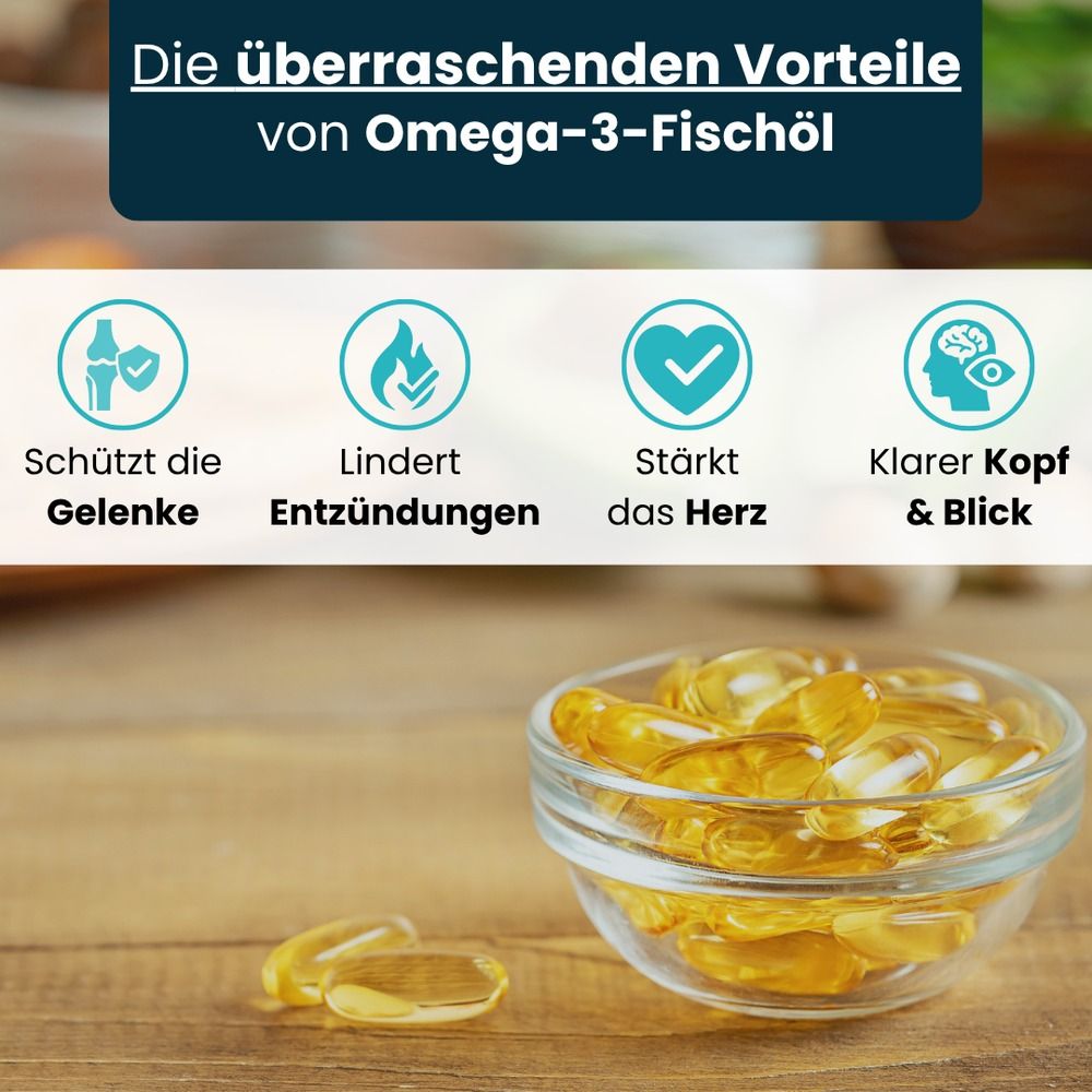 Glazen kom met gele omega-3 capsules. Vier iconen tonen voordelen: gewrichten, ontstekingen, hart, heldere geest & blik.