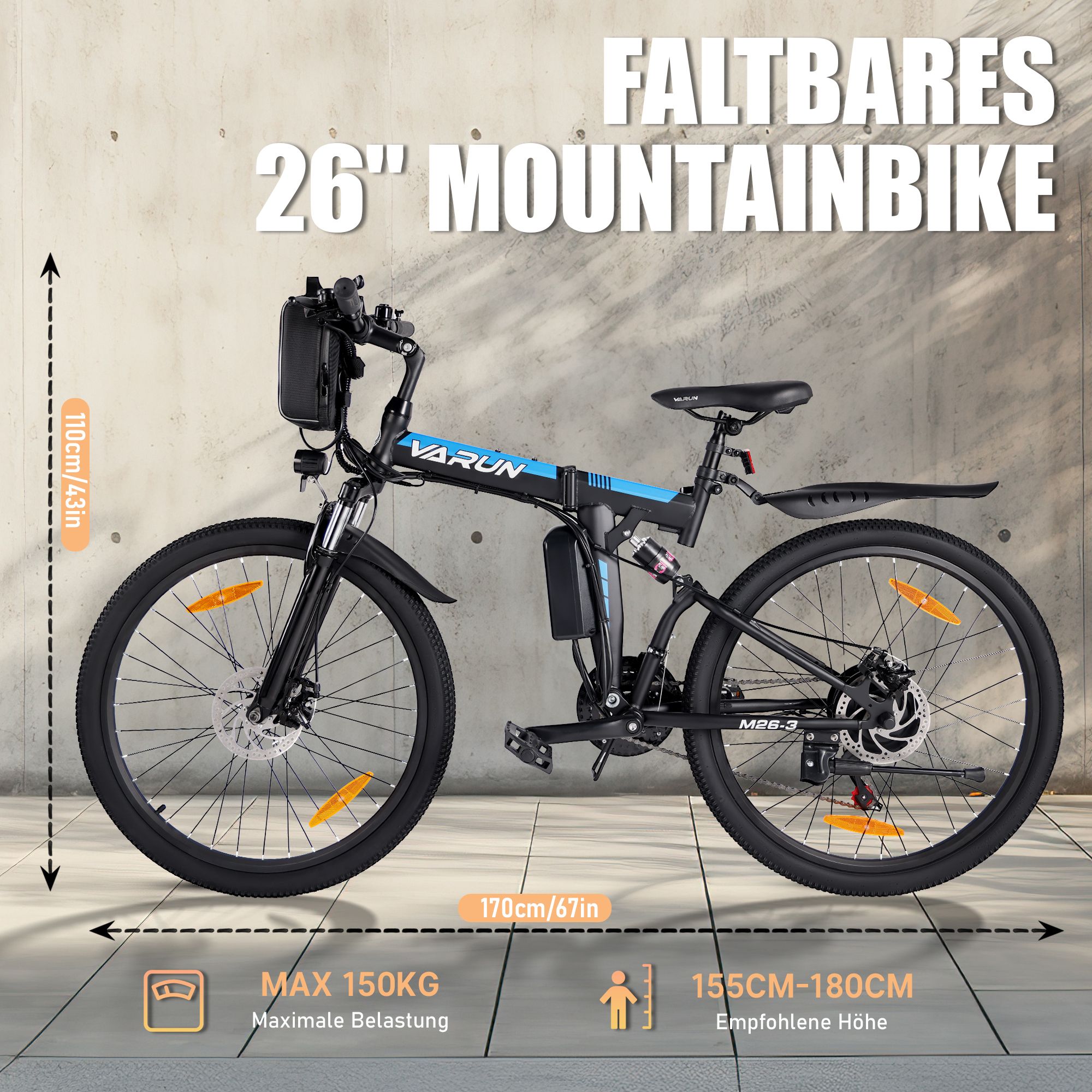 VTT pliable 26". Dimensions: 170cm/67in, hauteur recommandée 155-180cm. Charge max. 150KG. Logo VARUN.