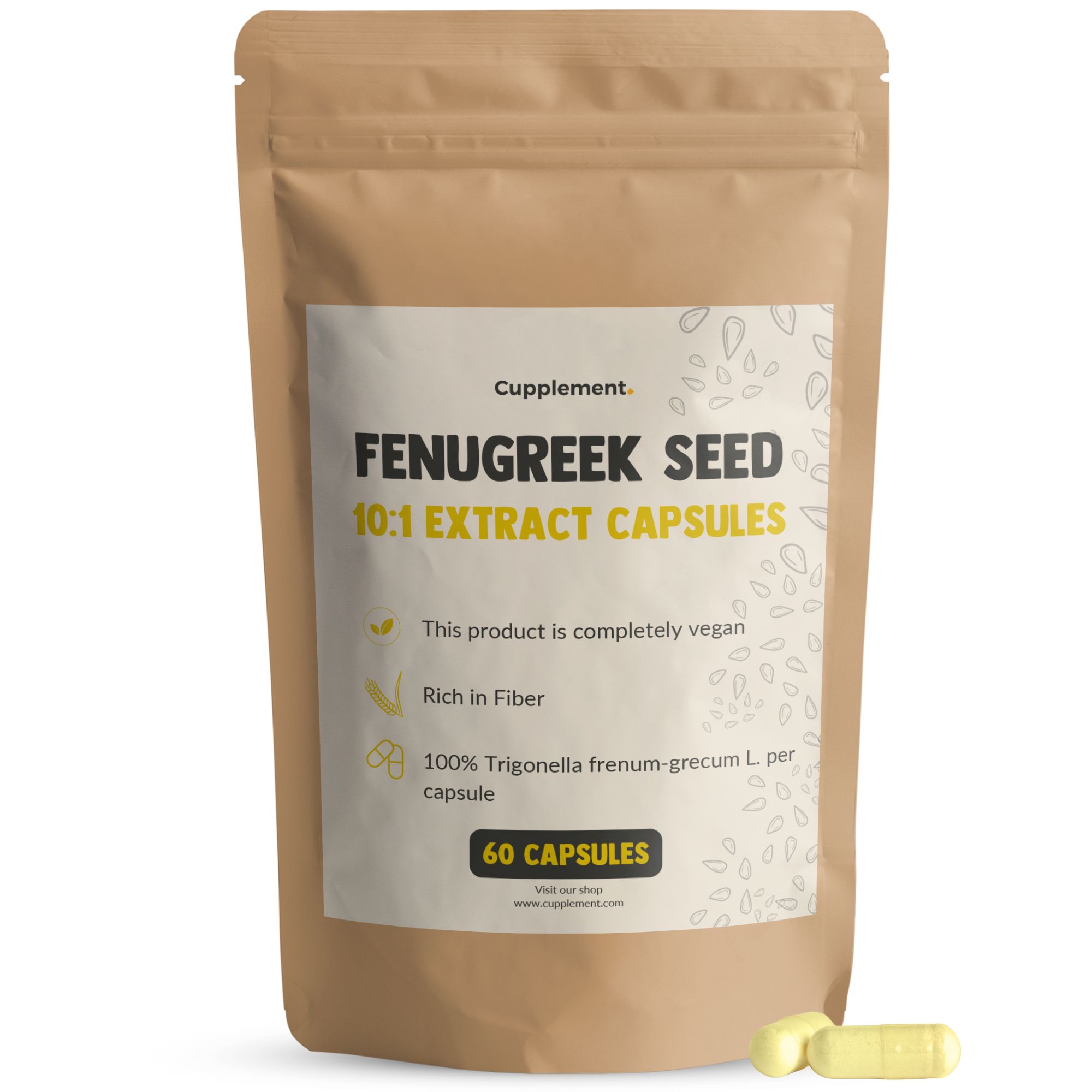 Zak met tekst: Cupplement, fenegriekzaad, 10:1 extract capsules, 60 capsules. Veganistisch, rijk aan vezels. Drie capsules ernaast.