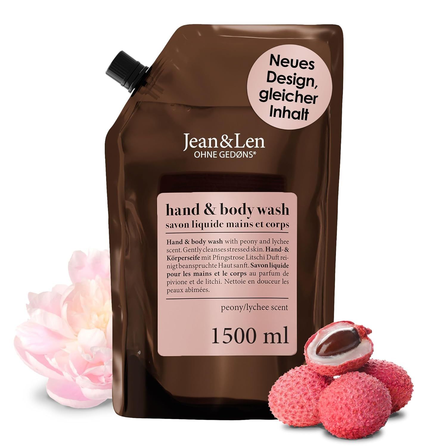 Bruine navulverpakking met productinformatie. 1500 ml. Jean & Len. Pioenroos & Lychee. Nieuw design, zelfde inhoud.
