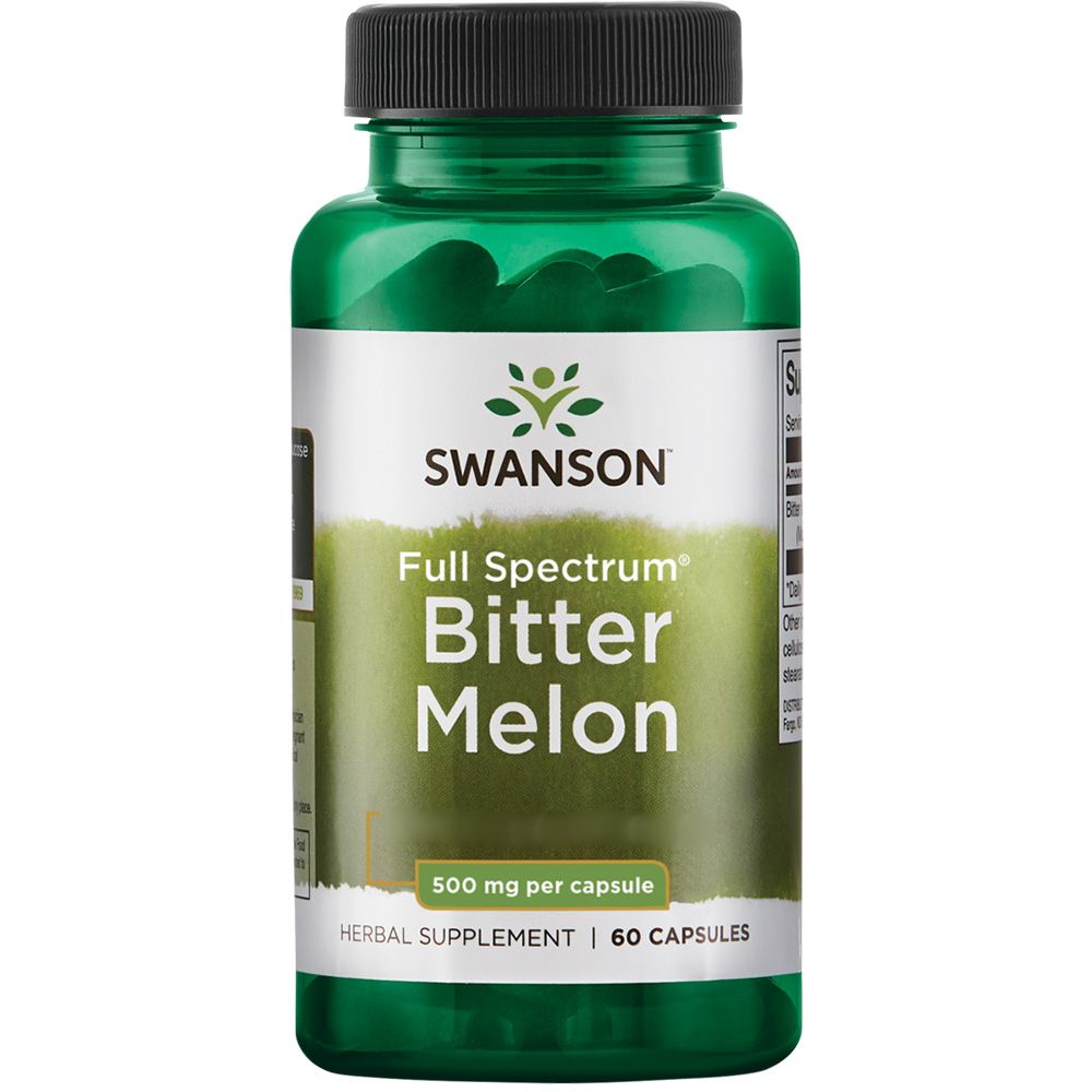 Flacon vert de Swanson Bitter Melon. Inscription : Full Spectrum Bitter Melon, 500 mg par capsule, 60 capsules.