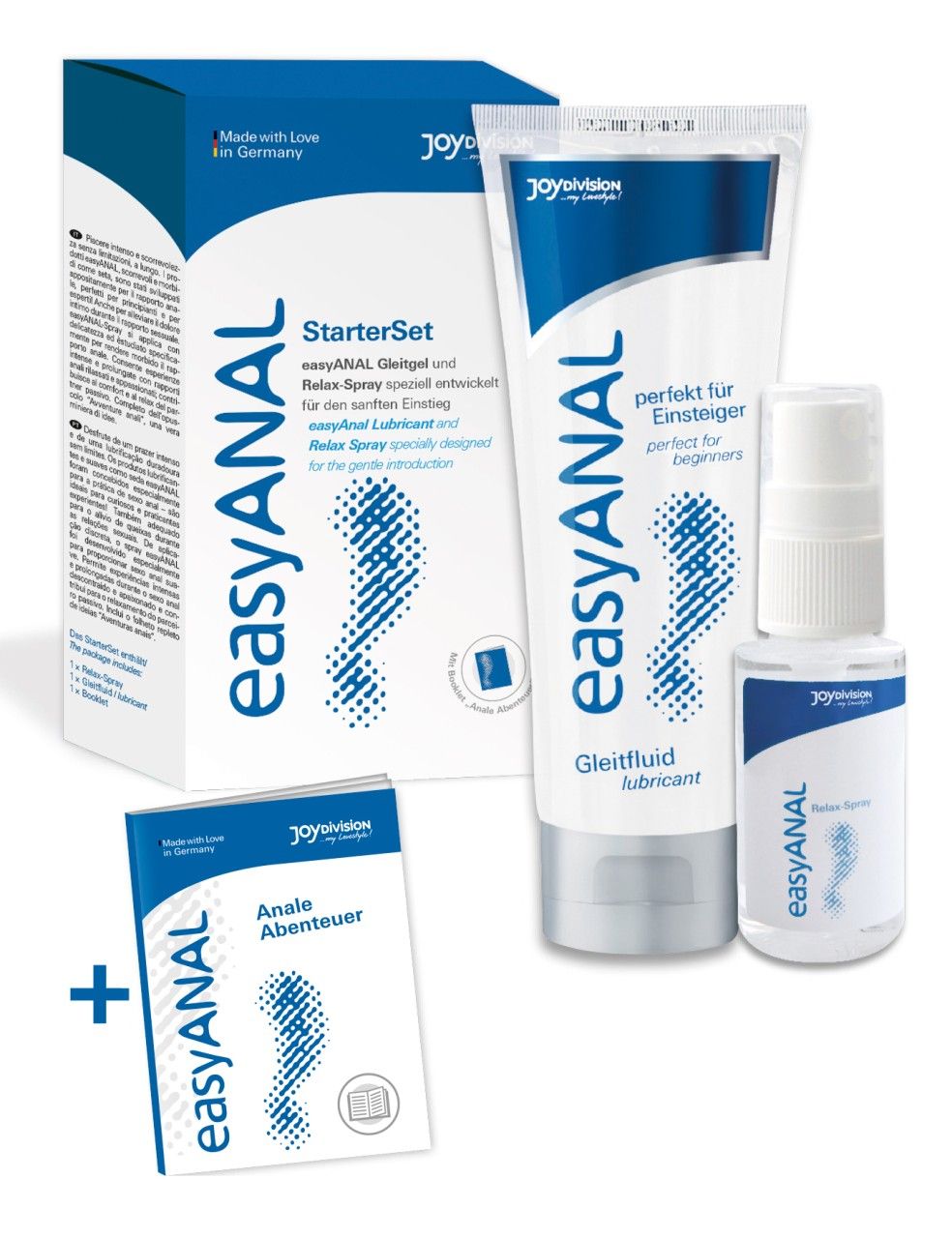 easyANAL starterset: verpakking, glijmiddel tube en relaxspray flesje.
