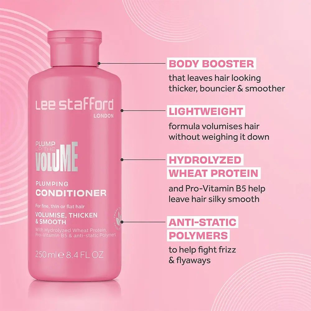 Roze fles LEE STAFFORD LONDON. Tekst "Plump Up The Volume" en "Conditioner". Kernwoorden: Body Booster, Lightweight, etc.