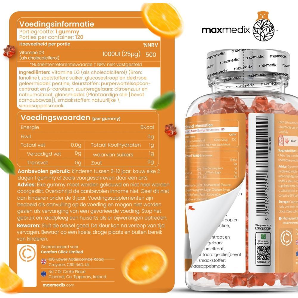 Kind met speelgoedvliegtuig. Illustraties: spieren, tanden, botten, immuunsysteem, calcium. Tekst: Vitamine D3.
