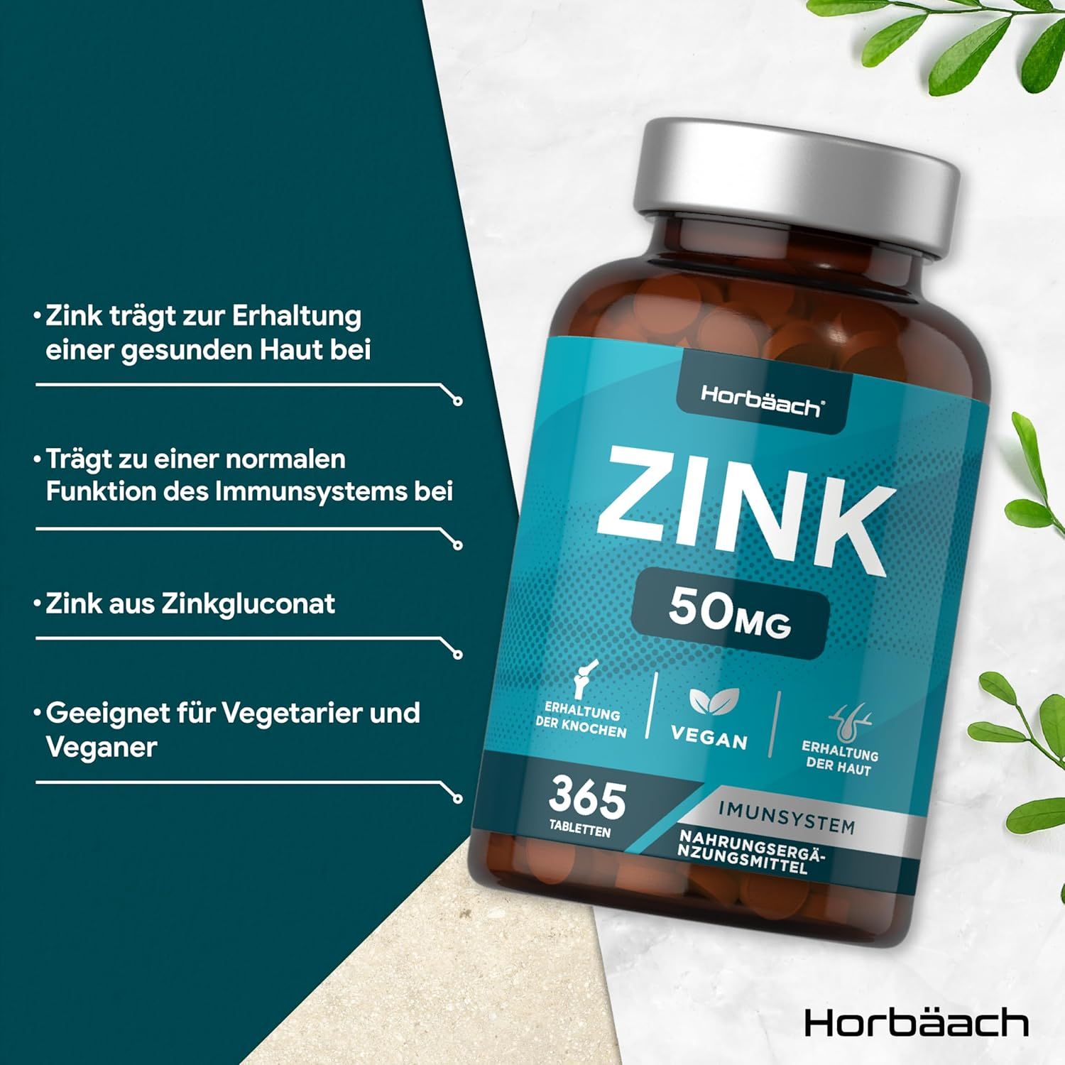 Horbaach zinktabletten fles. 365 tabletten, 50mg zink. Vegan. Voor botten, huid en immuunsysteem. Zink uit zinkgluconaat.
