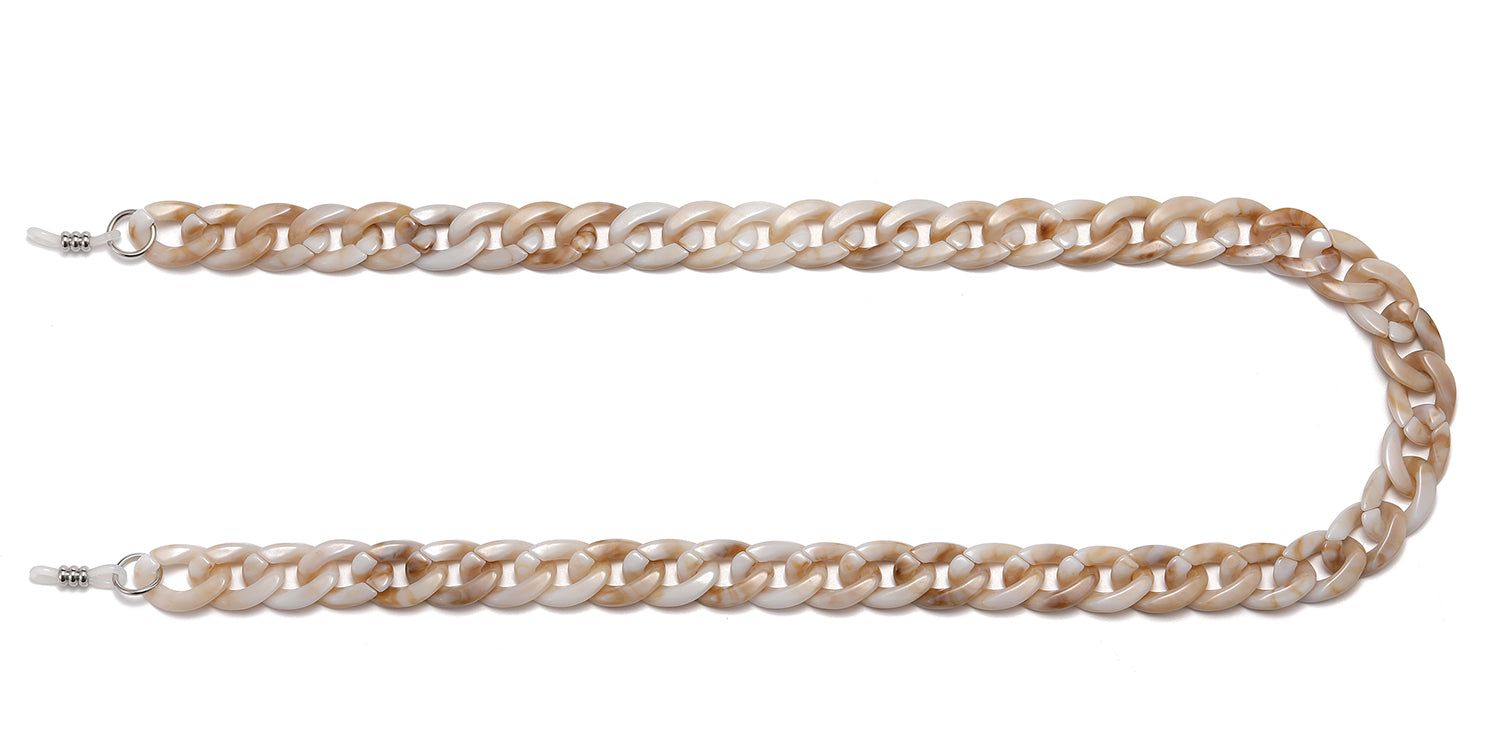 Chaîne de lunettes beige et marron, maillons en forme de U. Fermoirs métalliques aux extrémités.