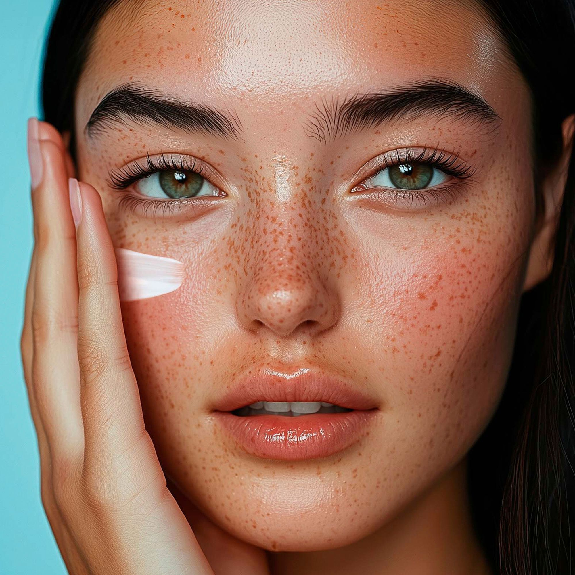 Vrouw brengt crème aan. Crèmepot niet zichtbaar. Crème op gezicht. Huid met sproeten.