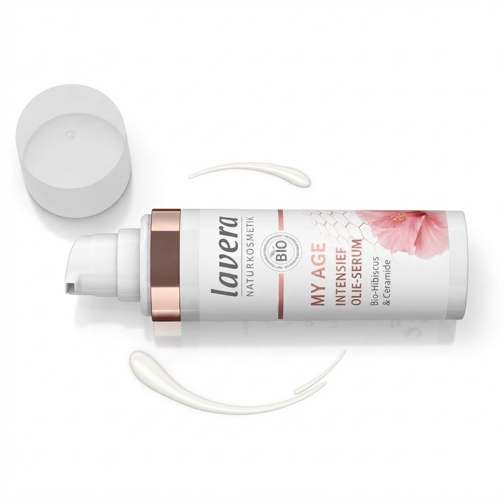 Lavera MY AGE Intensiv Öl-Serum fles met pompdos en open dop.