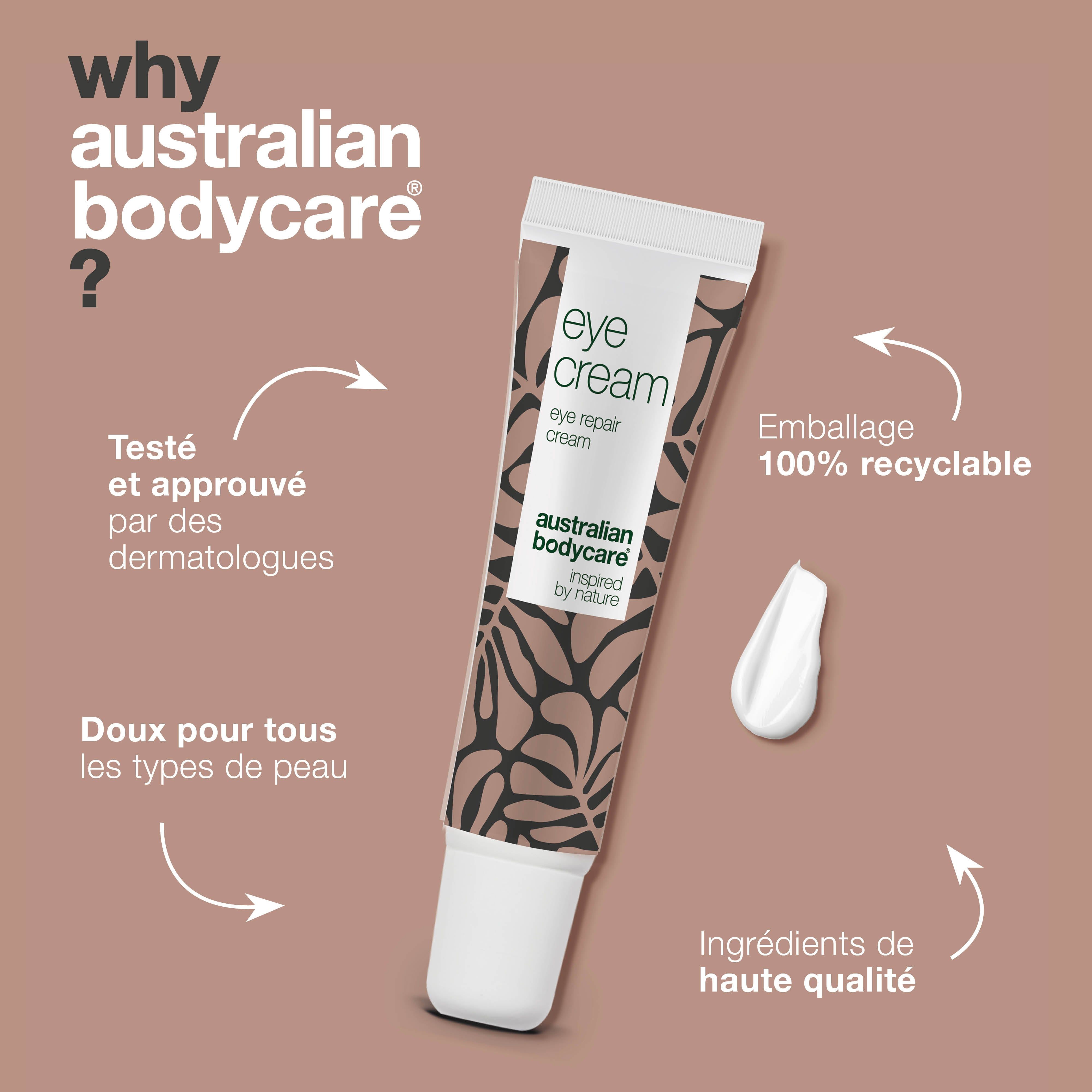Publicité: Australian Bodycare. Tube de crème pour les yeux. Texte: Testé dermatologiquement, emballage 100% recyclable.