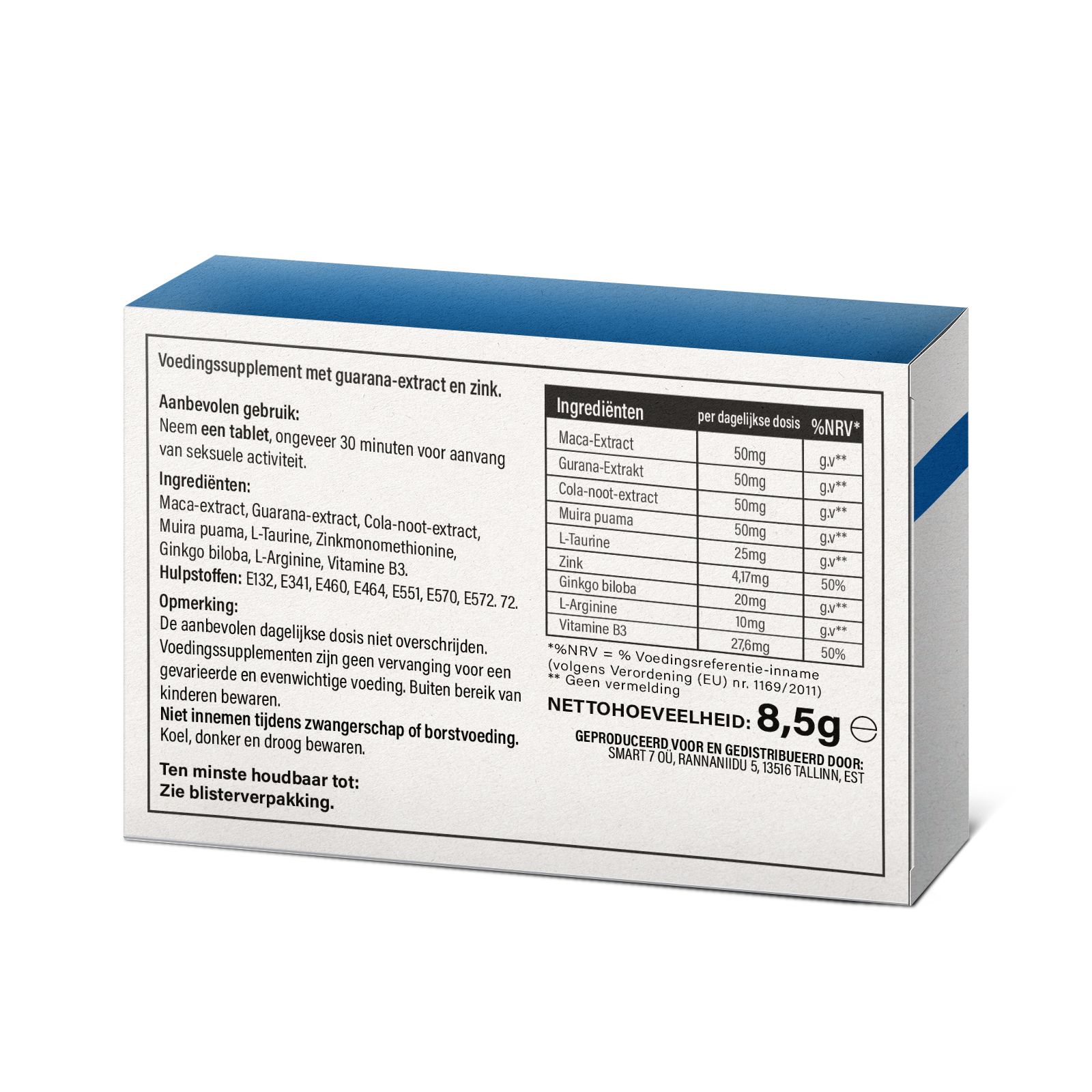 Achterkant van de verpakking van Viadiax® Filmtabletten. Bevat maca-extract, zink, etc. Nettogewicht: 8,5g.