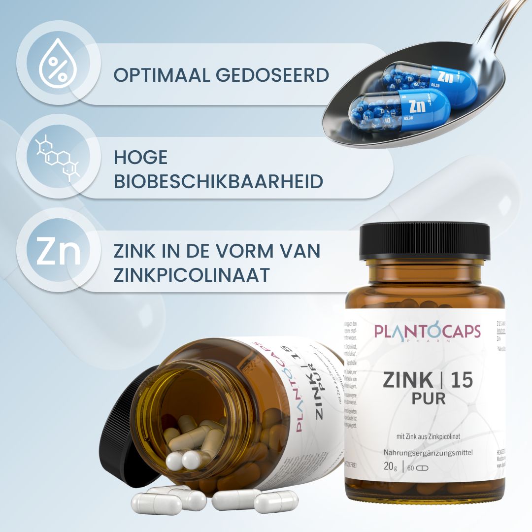 Fles Zink 15 PUR met vallende capsules en lepel met capsules.