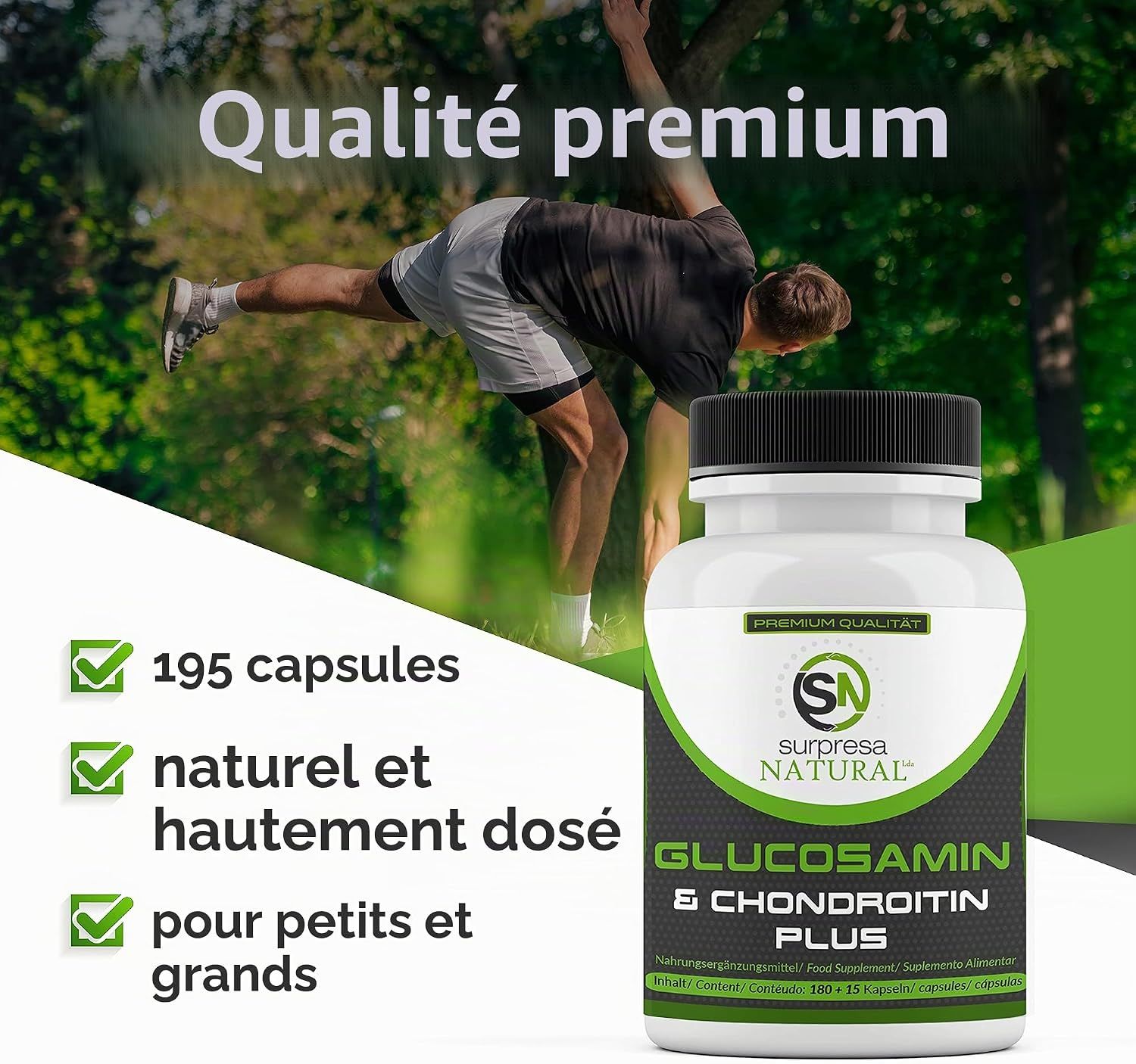 Flacon de 195 capsules Glucosamine & Chondroïtine Plus.