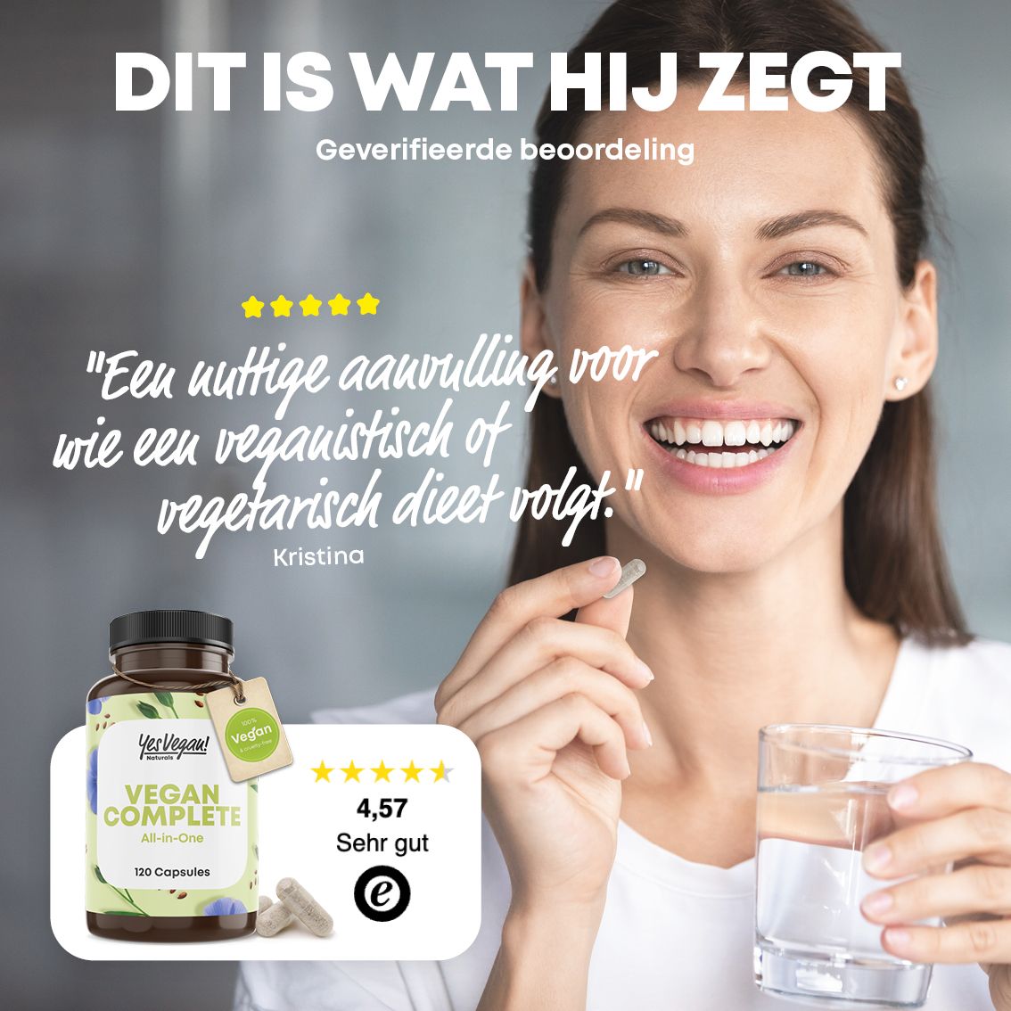 Fles met 120 vegan capsules, All-in-One Multivitamine, met voedingsinformatie.