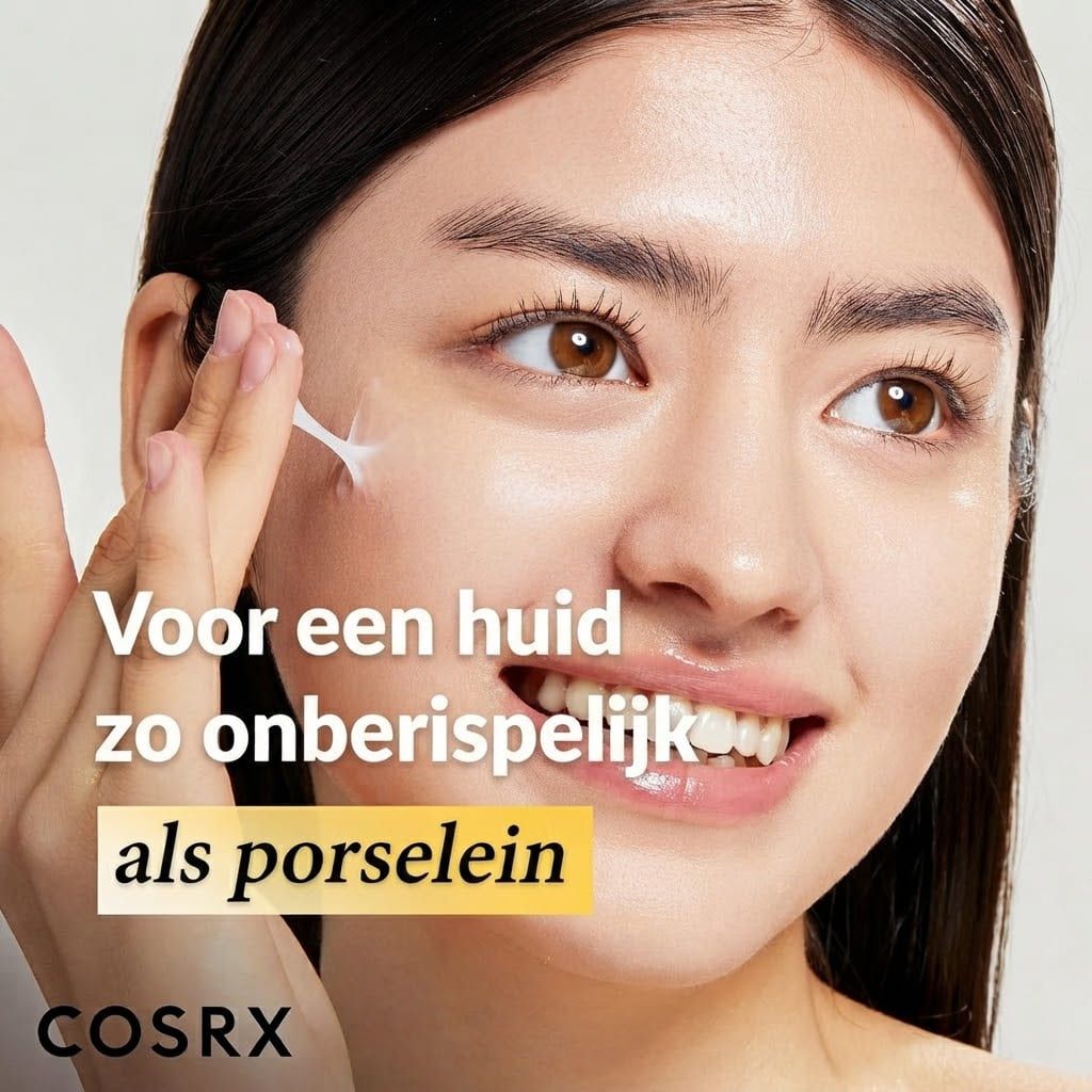 Vrouw met een onberispelijke huid die COSRX slakkencrème gebruikt voor een porseleinen teint.