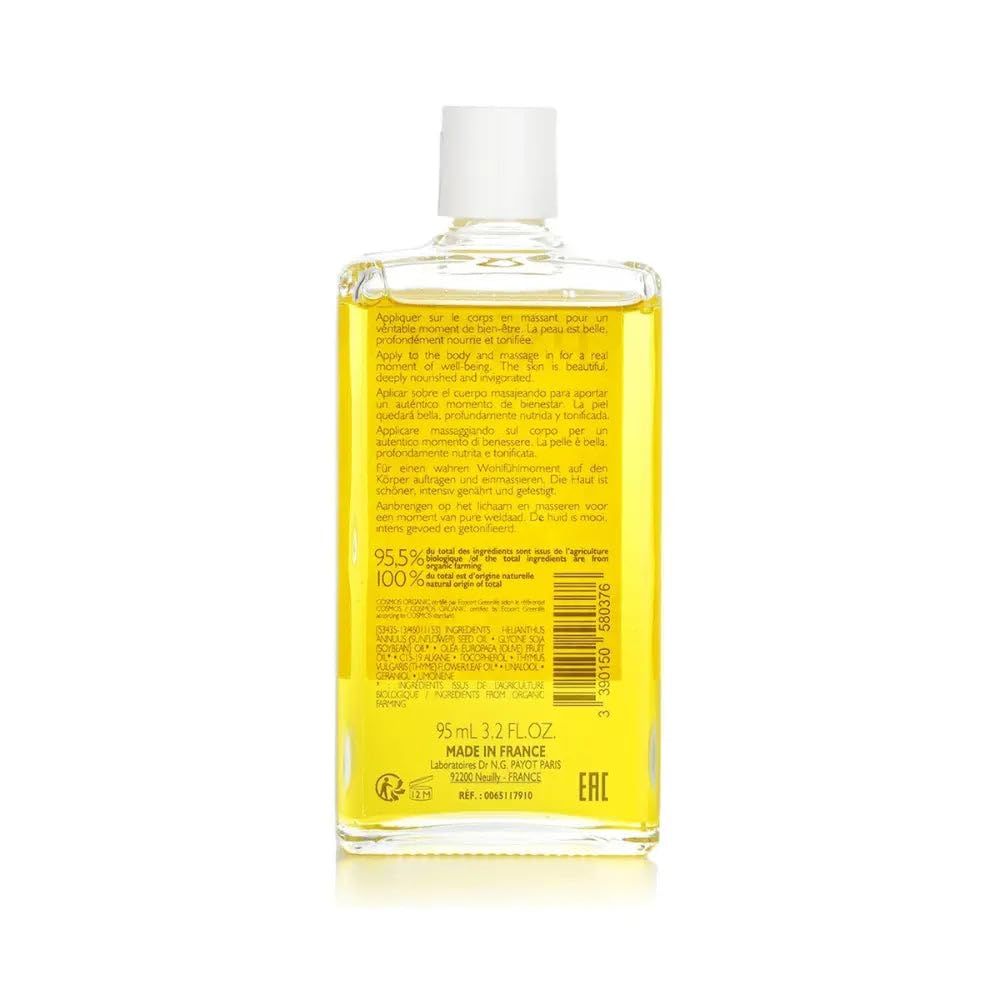 Bouteille en verre transparent avec huile jaune et bouchon blanc. Contient des informations textuelles et un code-barres.