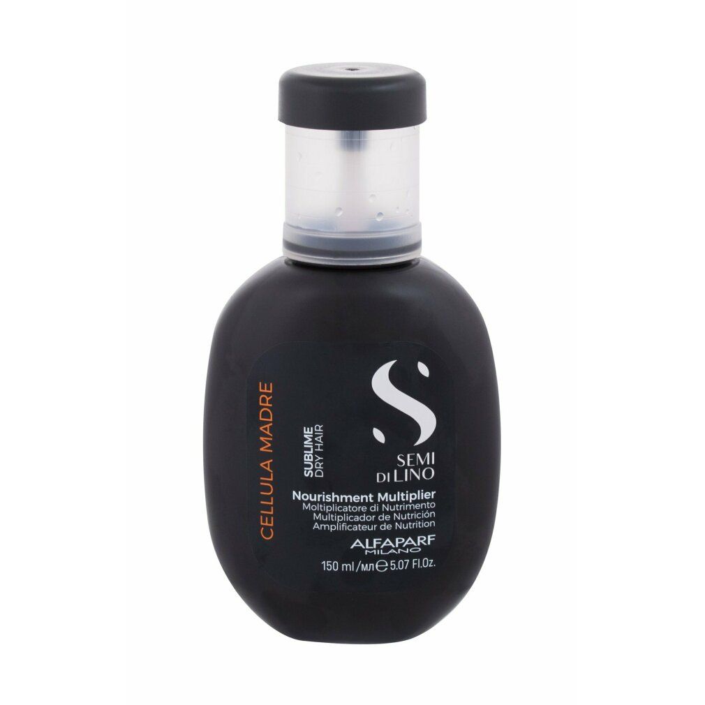 Zwarte fles met vloeistof. Opschrift: Semi Di Lino, Nourishment Multiplier, Alfaparf Milano. 150 ml.