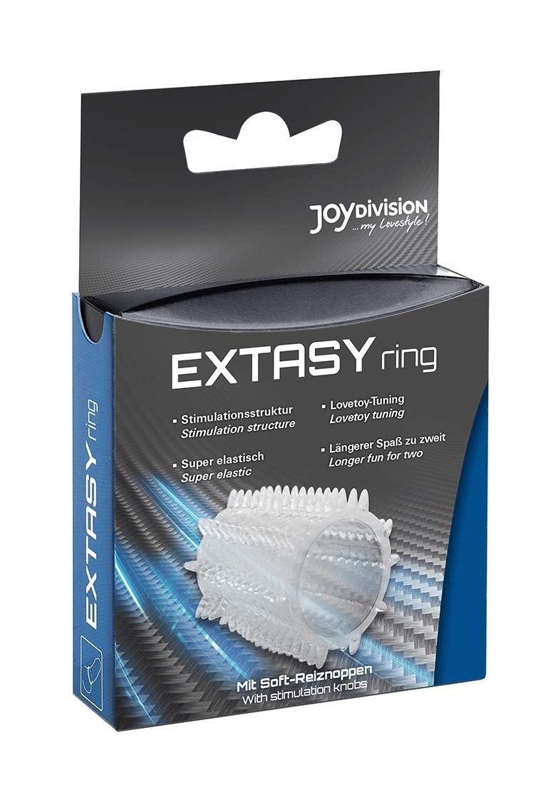 EXTASYring met stimulatiestructuur, super elastisch, in geopende verpakking.