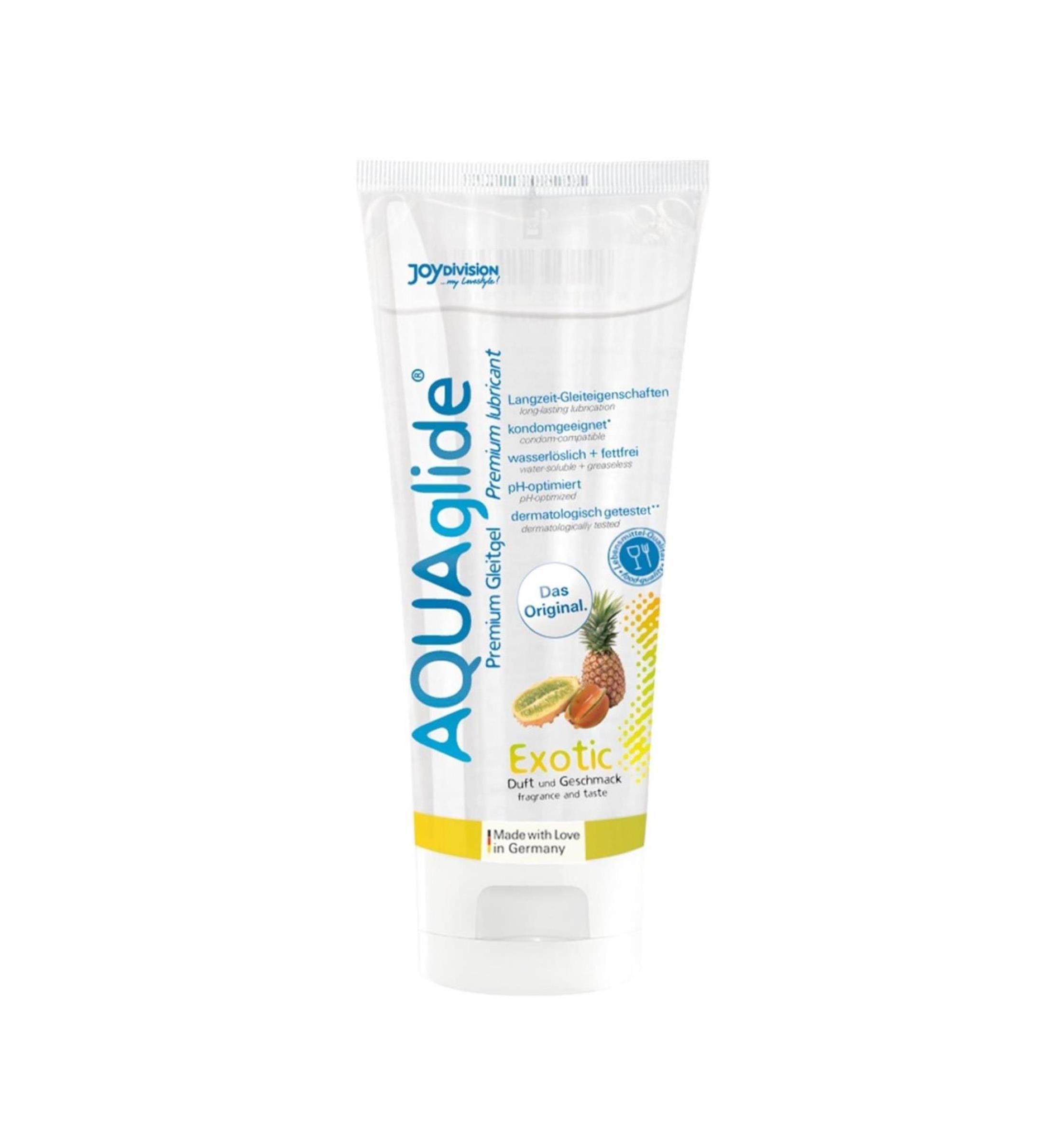 Transparante tube AQUAglide Exotic, ananas en kiwi. Medische glijmiddel. pH-geoptimaliseerd, dermatologisch getest.