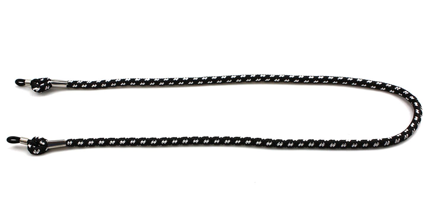 Brillenband, zwart-wit patroon. Lussen voor bevestiging aan brillenpoten. Metalen verbindingen.