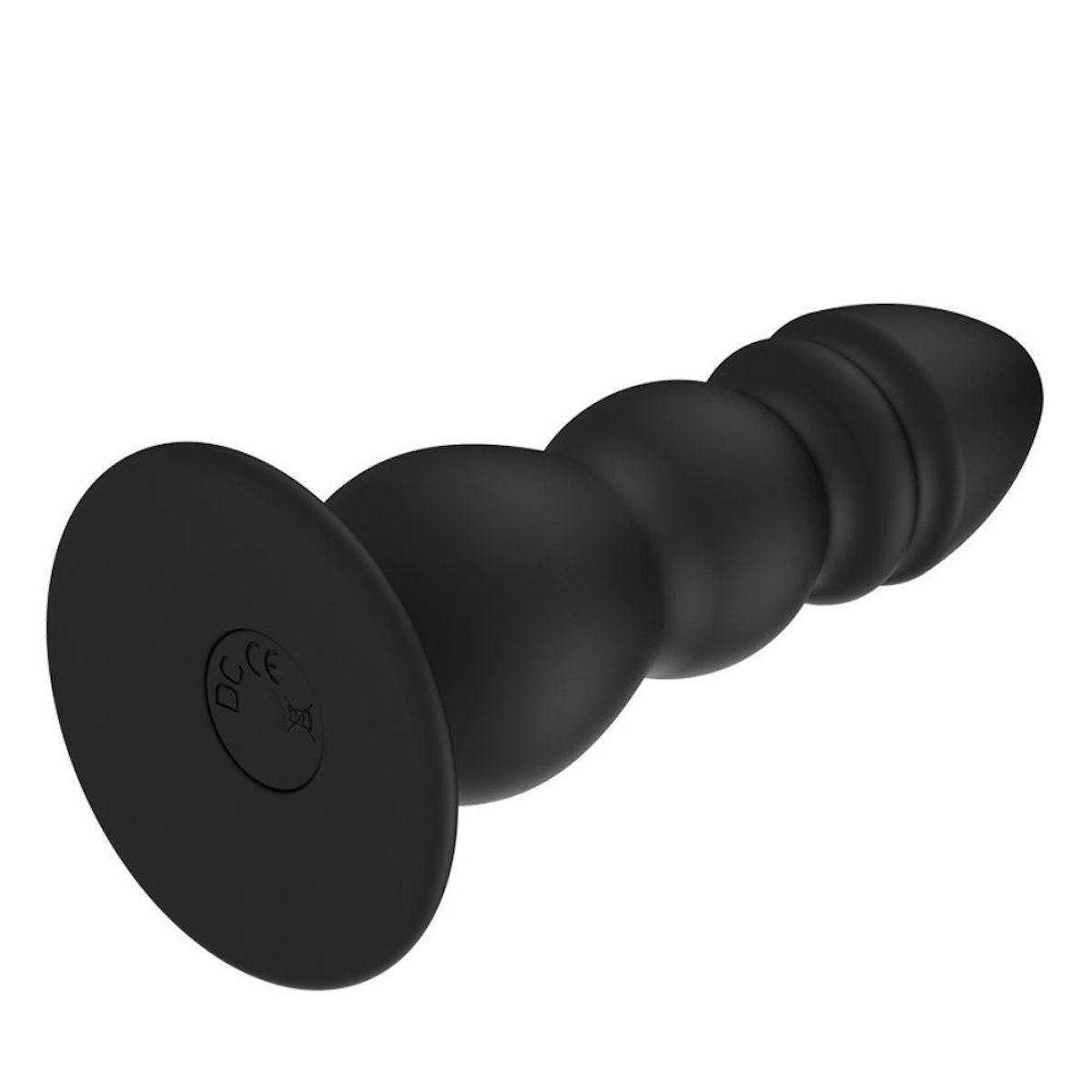Zwarte anale plug met conische punt en gegroefd oppervlak. Ronde basis met DC-symbool.