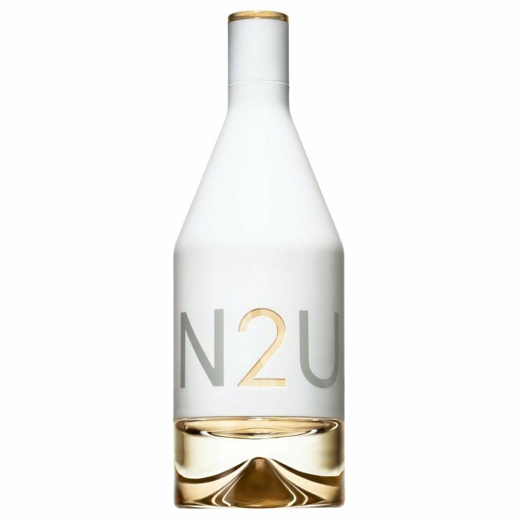 Witte fles met zilveren N2U-opschrift. Heldere vloeistof onderin.