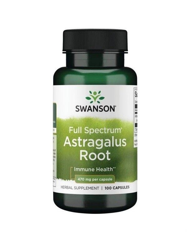 Groene fles met SWANSON Astragalus Root capsules, 100 capsules.