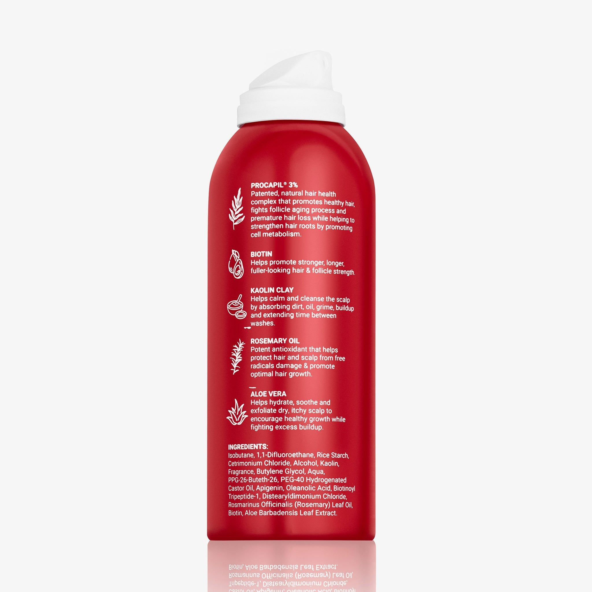 Rode spuitfles met witte dop. Bevat HAIRtamin Vitamin-Infused Dry Shampoo. Ingrediënten en voordelen worden vermeld.