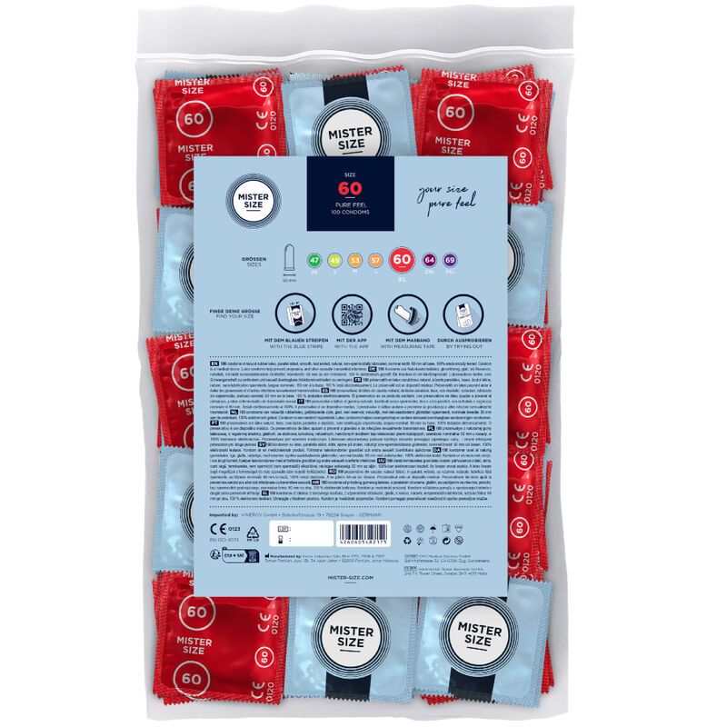 Achterkant van een verpakking Mister Size 60 condooms met productinformatie en certificeringen.