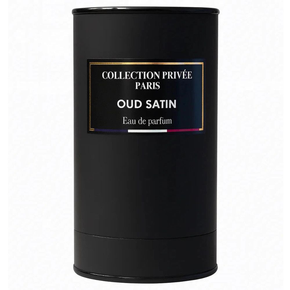 Emballage cylindrique noir. Étiquette avec "Collection Privée Paris", "Oud Satin" et "Eau de parfum".