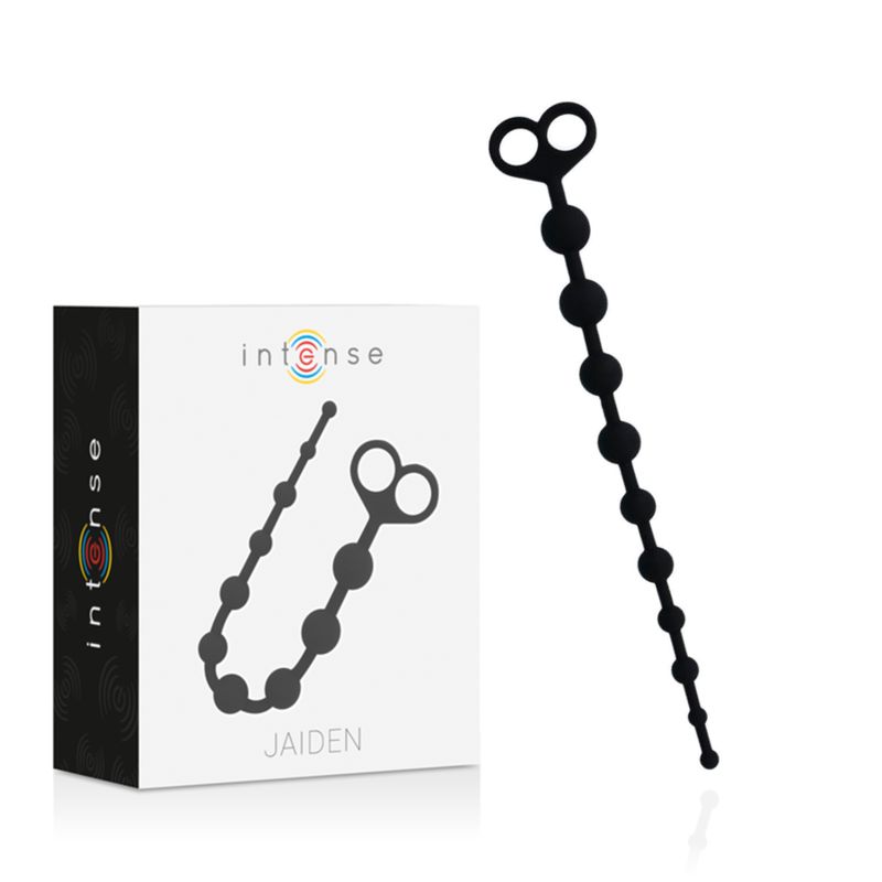 Emballage et chaîne de perles anales noires avec poignée en forme de cœur.
