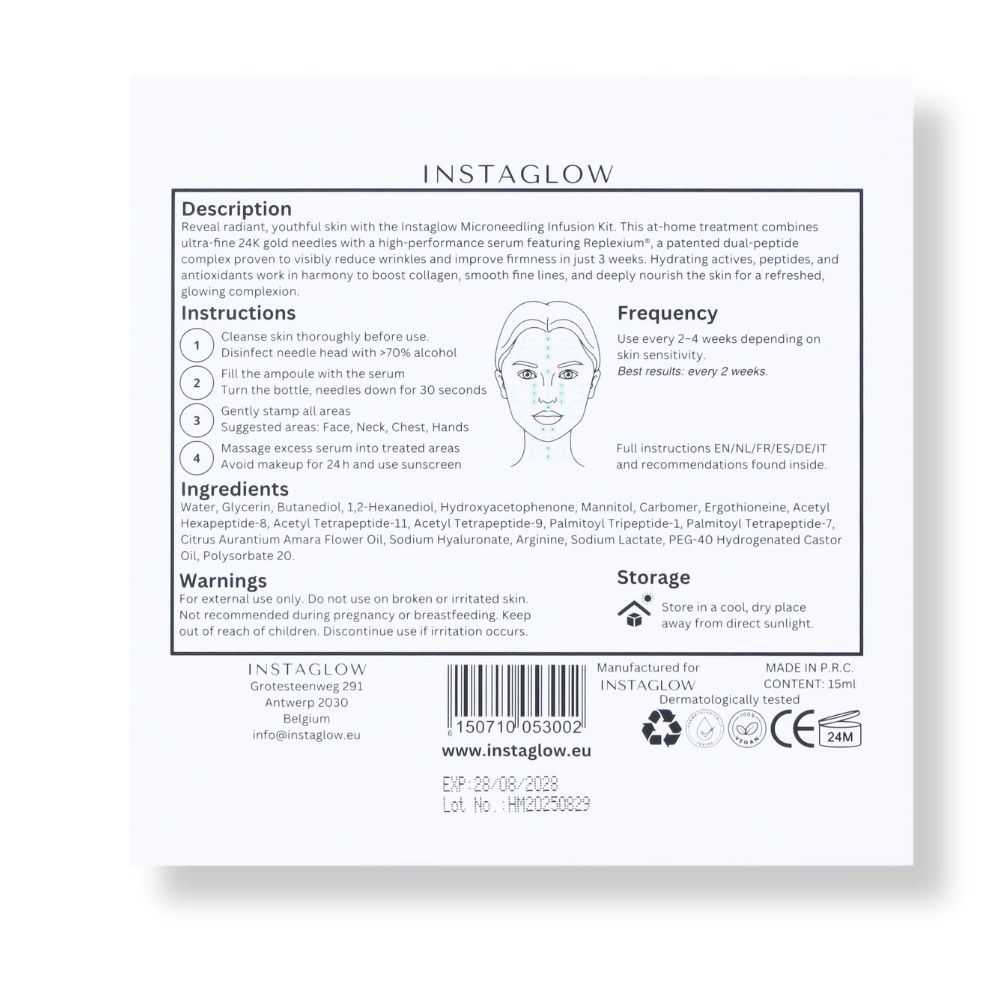 Emballage avec informations sur le produit. Instructions, ingrédients et avertissements. Instaglow Microneedling Infusion Kit.