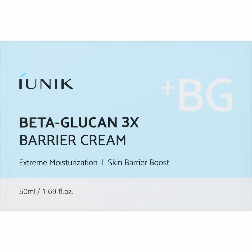 Emballage blanc avec fond bleu. Inscription : iUNIK, Beta-Glucan 3X Barrier Cream. Lignes de texte supplémentaires.
