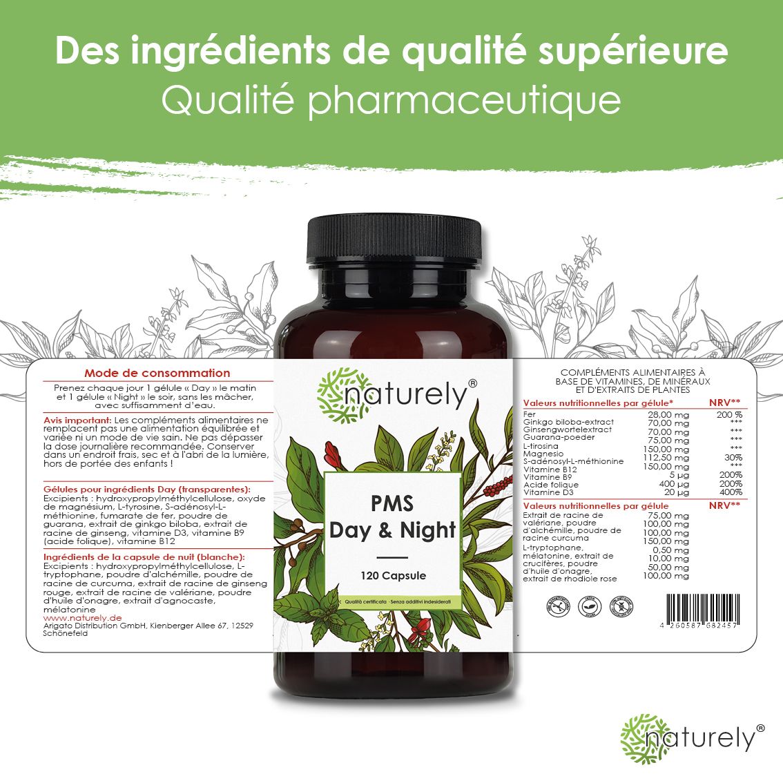 Bouteille avec étiquette dépliée montrant des informations détaillées et des ingrédients.