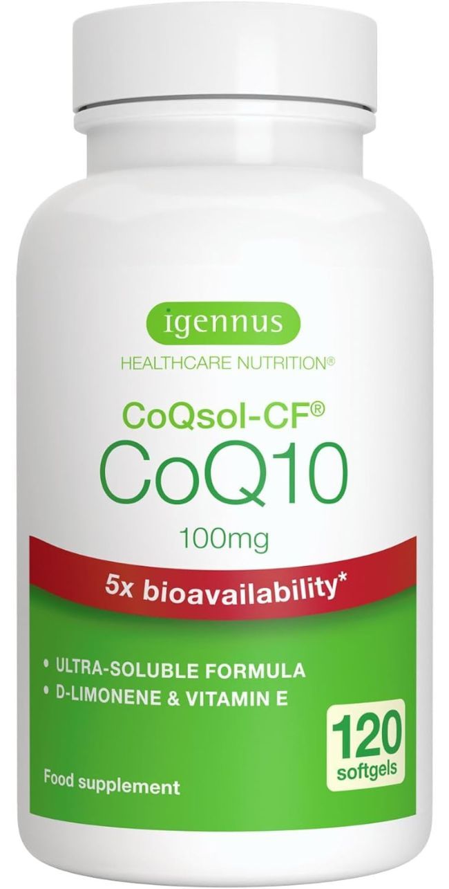 Bouteille Igennus CoQ10 100mg, CoQsol-CF, 120 gélules molles, avec mention '5x bioavailability'.
